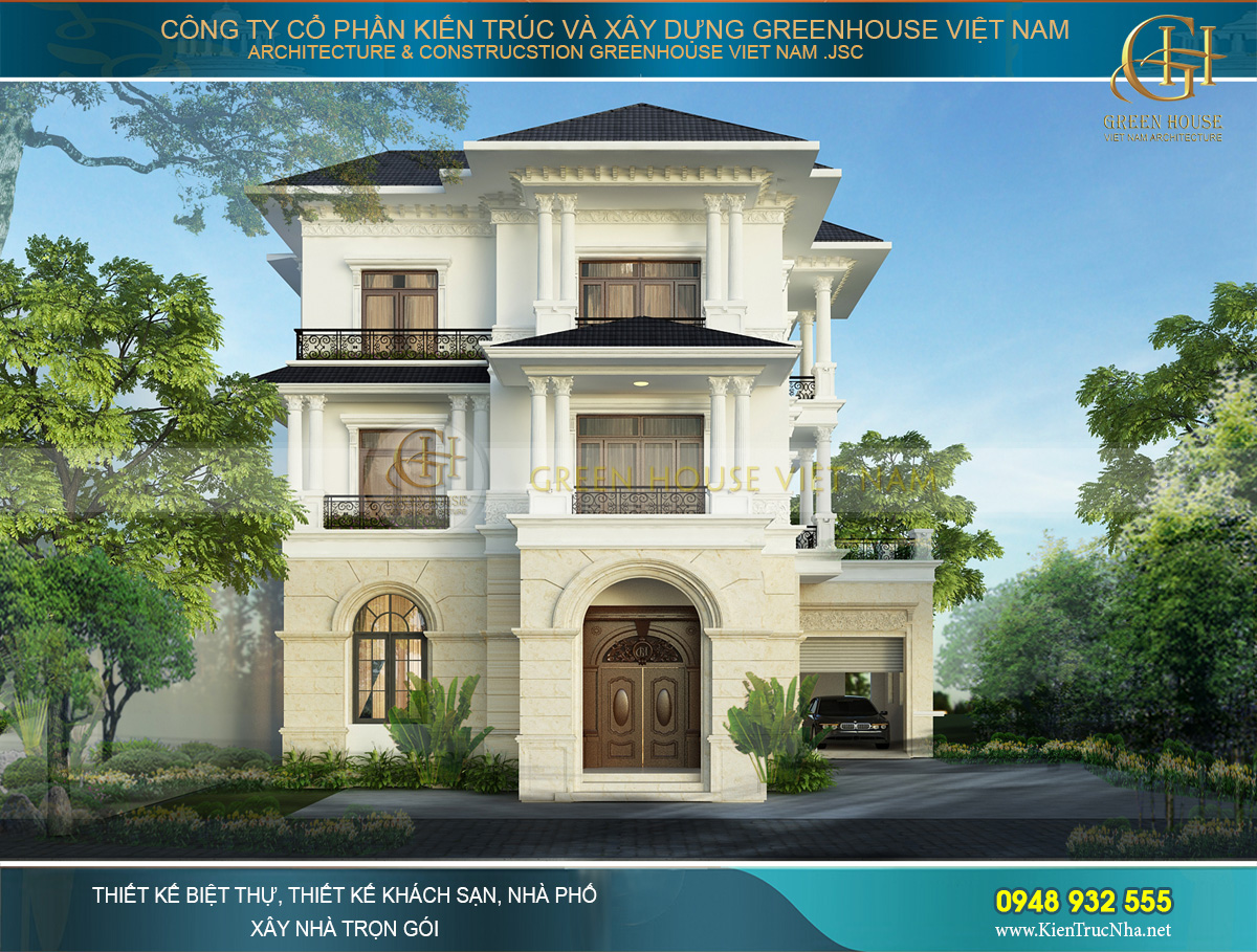 Phương án thiết kế biệt thự 3 tầng 400m2 theo phong cách hiện đại kết hợp các chi tiết cổ điển giản lược