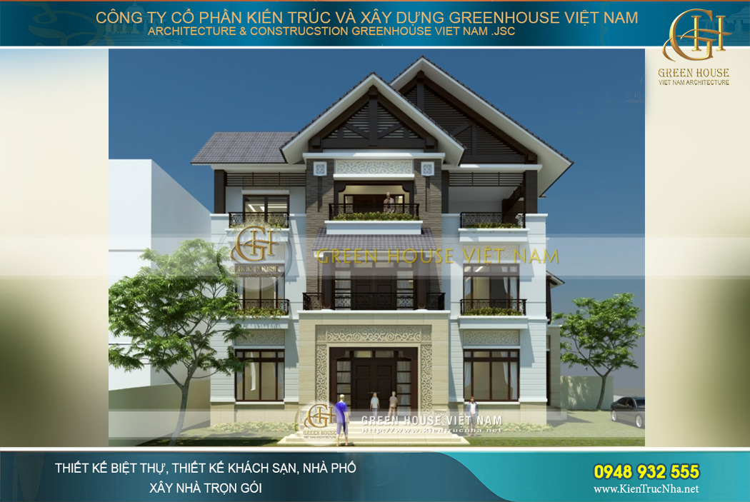 Phối cảnh mặt tiền của biệt thự hiện đại phong cách Á Đông tại Hà Nội