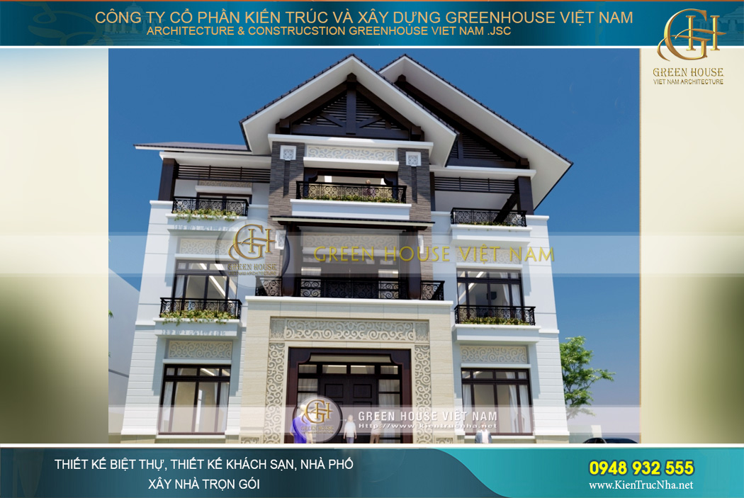 Biệt thự được thiết kế hình chữ T ngược với mặt tiền nổi bật, chạm khắc hoa văn ấn tượng