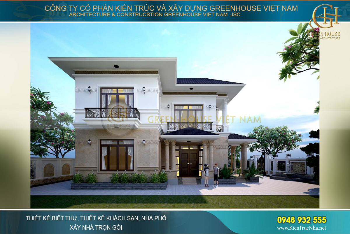 Phối cảnh mặt bên của biệt thự tân cổ điển 2 tầng tại Bắc Giang