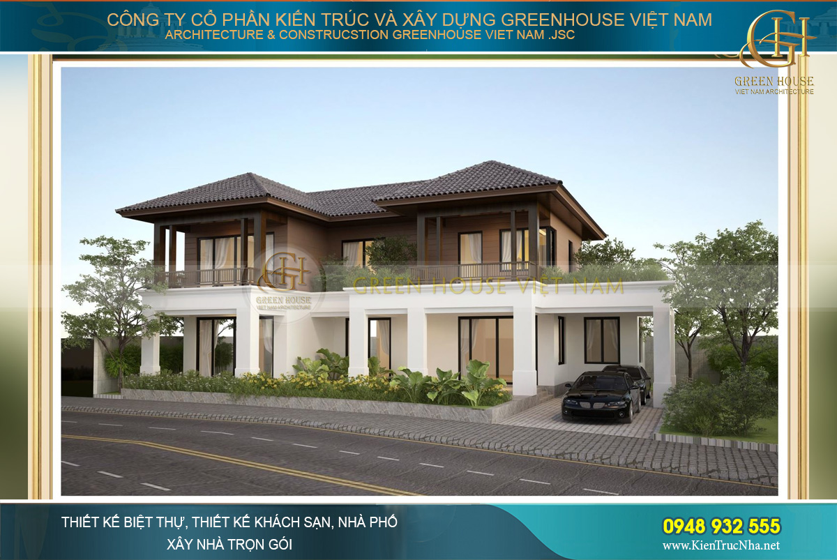 Xung quanh biệt thự bao quanh là hàng cây xanh mát tạo và gara để xe ngoài trời thông thoáng cho căn biệt thự.