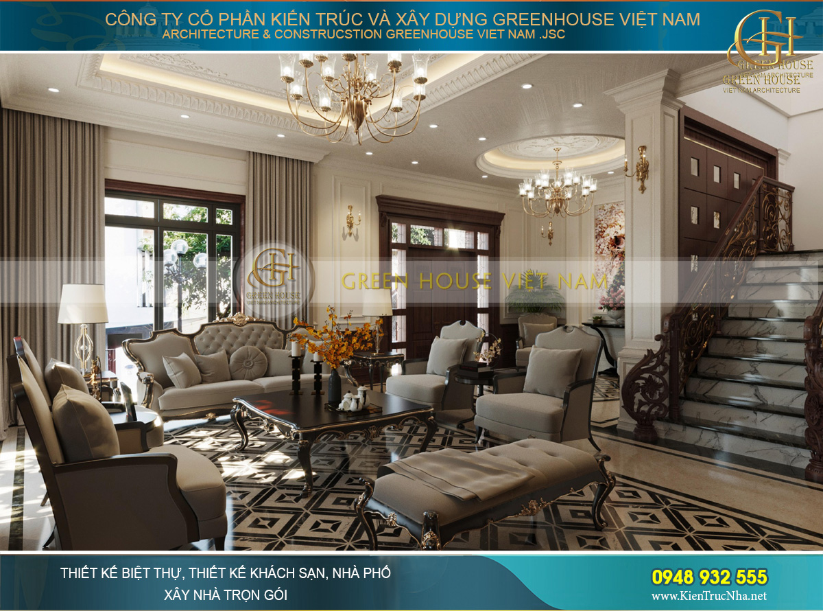 Bộ sofa cổ điển cao cấp bọc nệm với 4 ghế đơn, 1 ghế dài và ghế nghỉ bố trí đối xứng, cân bằng