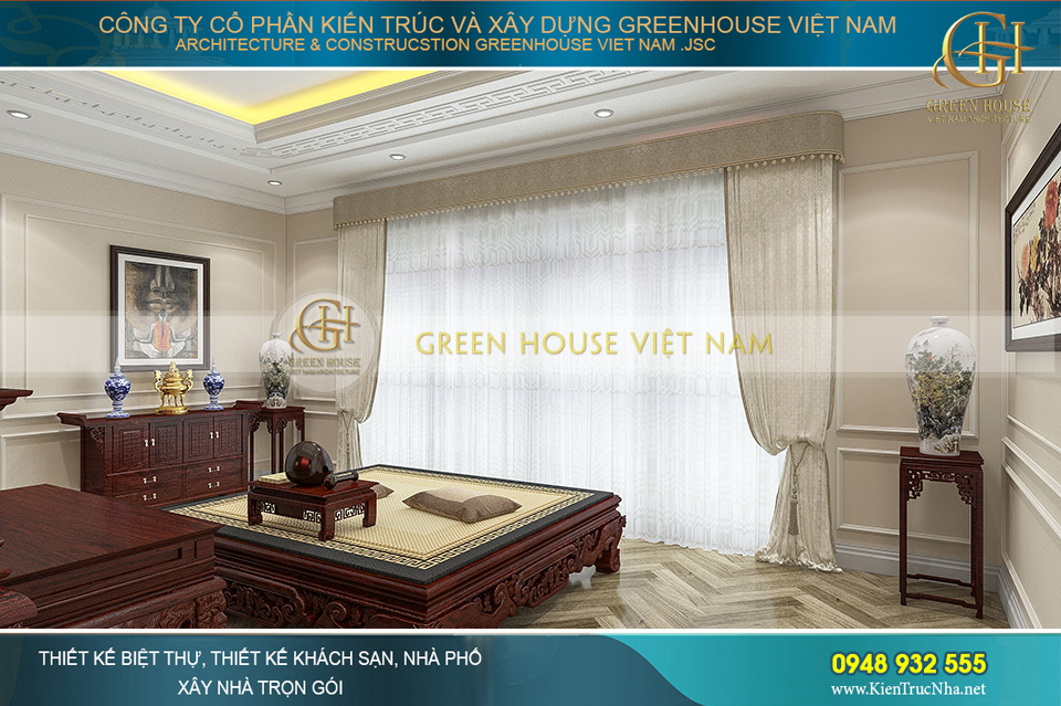 Không gian phòng thờ với thiết kế phản bằng gỗ chất lượng cao