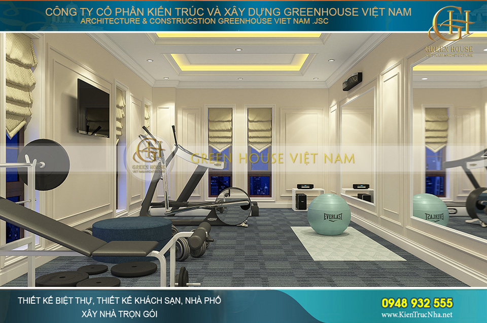 Phòng tập thể dục, thể thao được đặt tại tầng 3,5 của biệt thự với đầy đủ máy móc luyện tập