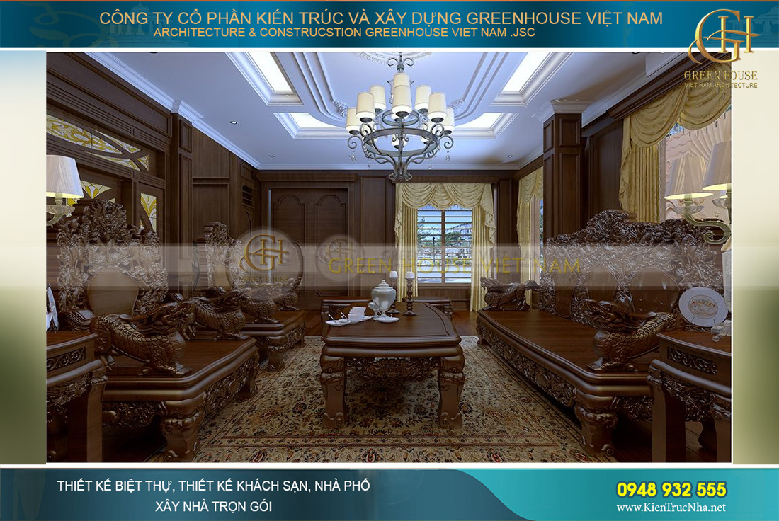 Không gian phòng khách đẹp choáng ngợp với nội thất gỗ chạm trổ công phu