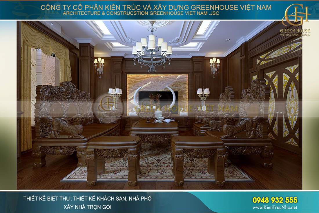 Thiết kế trần cao cùng đèn chùm khiến không gian phòng khách luôn tươi sáng