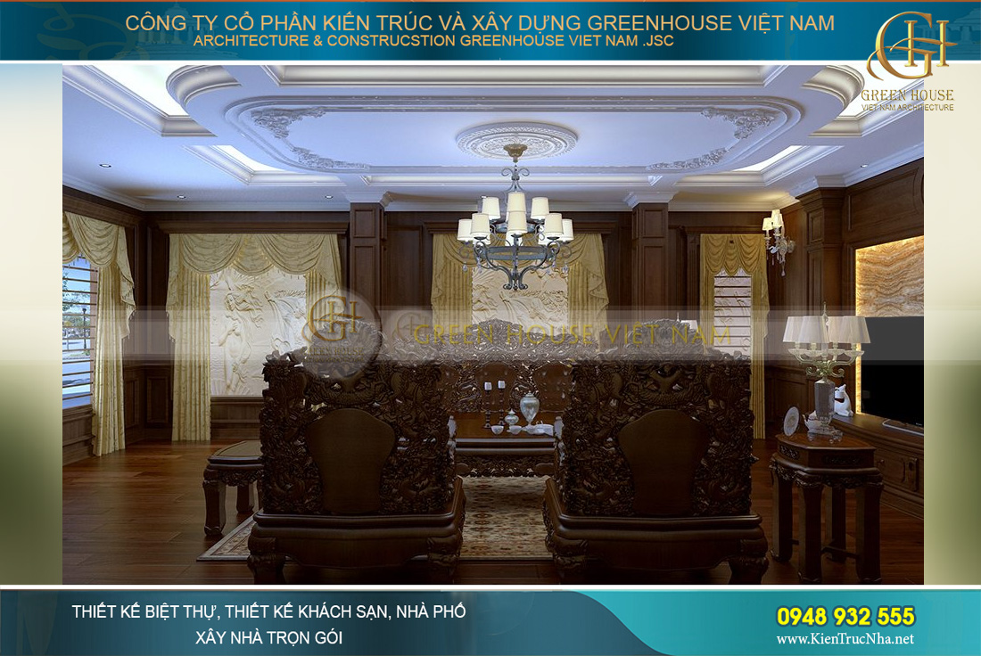 Một góc nhìn khác của không gian phòng khách biệt thự tân cổ điển