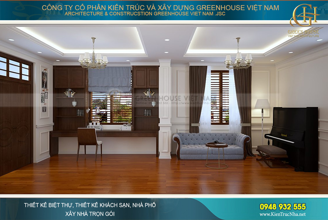 Căn phòng được bố trí bàn học, ghế nghỉ và một chiếc đàn dương cầm lớn