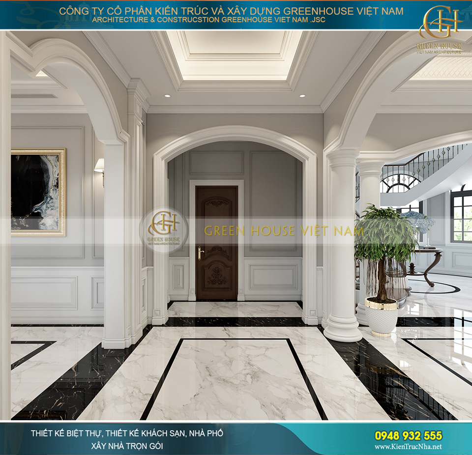 Hành lang được thiết kế các cột trụ lớn tạo cảm giác vững chãi, chống đỡ cho toàn bộ ngôi biệt thự