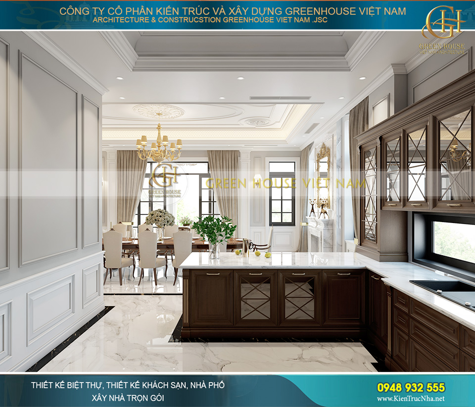 Kệ bếp gỗ có thiết kế quầy bar hiện đại, kệ bếp được thiết kế tích hợp nhiều tính năng sử dụng