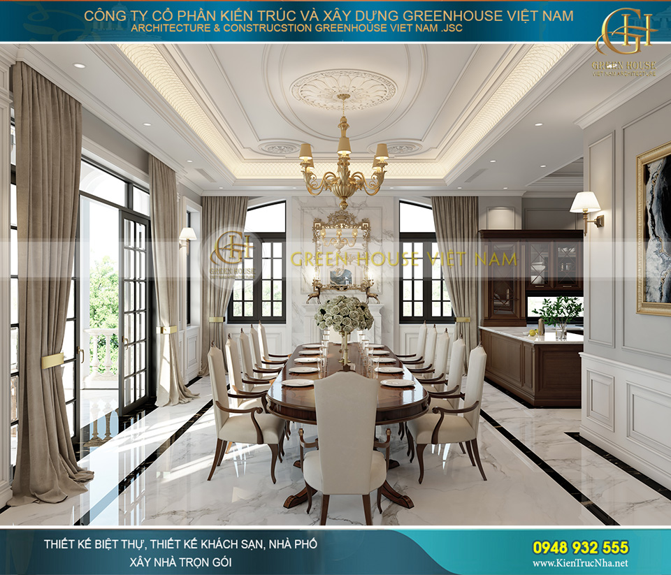 Thiết kế bàn ăn dài cho gia đình nhiều thành viên hoặc phục vụ các bữa tiệc nhỏ  của gia đình cùng bạn bè, họ hàng