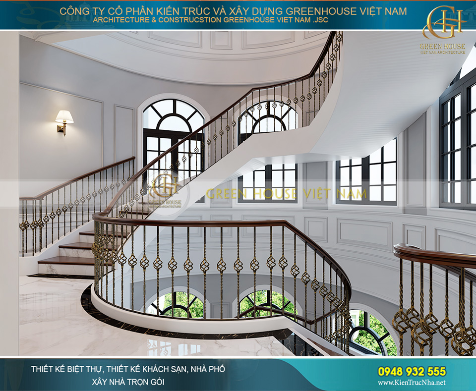 Kiến trúc cầu thang liền khối hoàn chỉnh tạo sự tương tác đầy tính nghệ thuật cao trong cách thiết kế