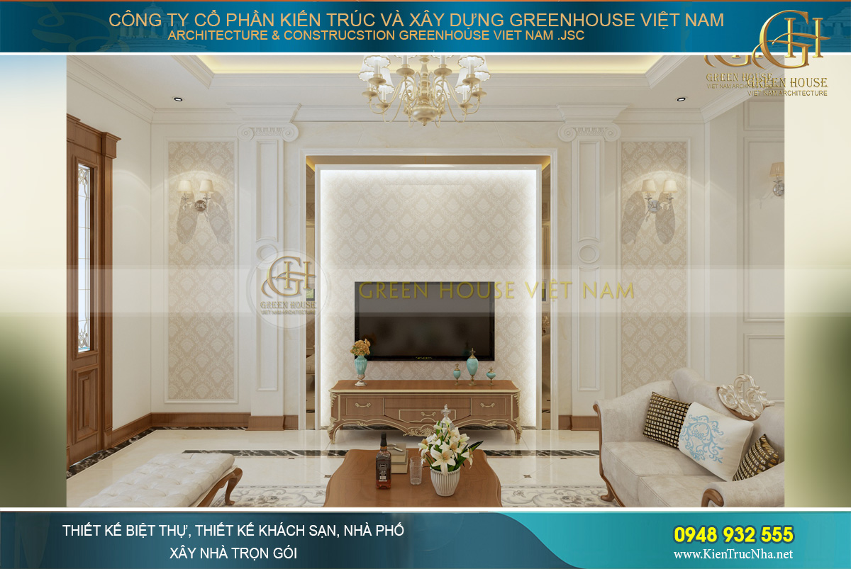 Đối diện sofa là kệ TV với chất liệu và thiết kế đồng bộ