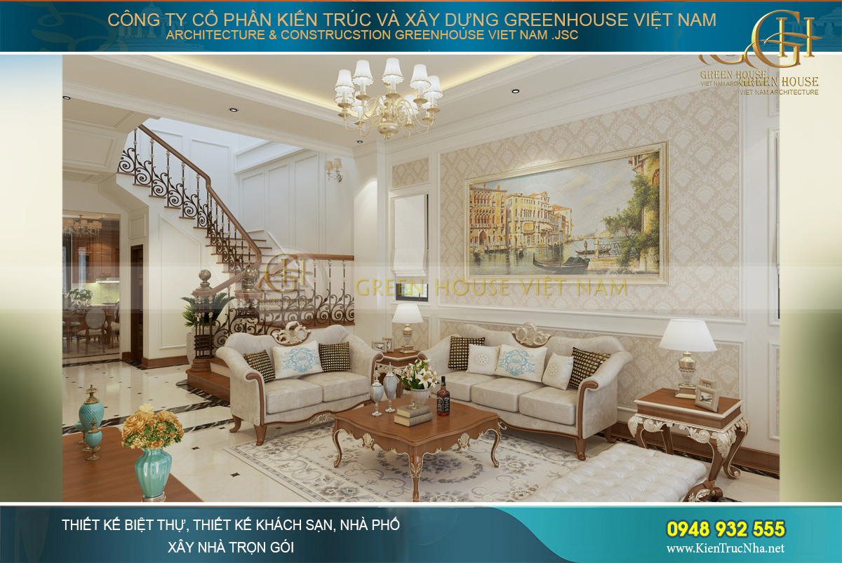 Toàn cảnh không gian phòng khách của nhà phố, không rộng lớn nhưng đủ choáng ngợp