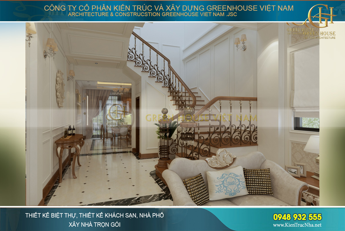 Ngăn cách giữa không gian phòng khách và phòng ăn phía sau là sảnh thang khá thông thoáng