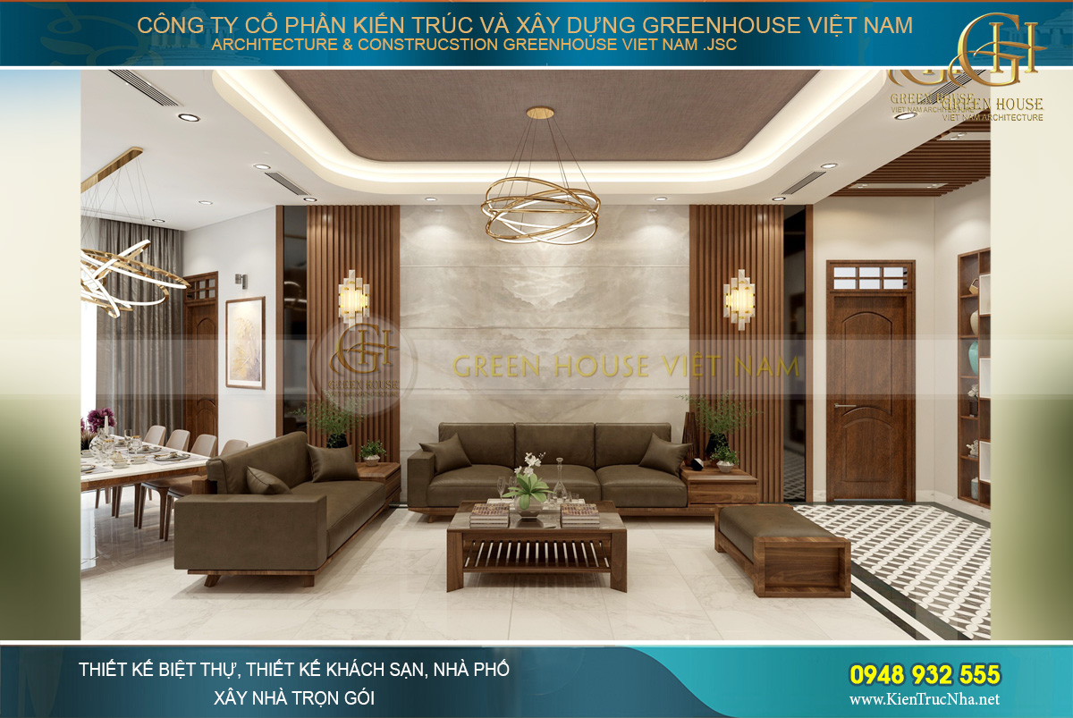 Bộ sofa cao cấp bọ da với thiết kế trần cao rộng thoáng đáng ngưỡng mộ