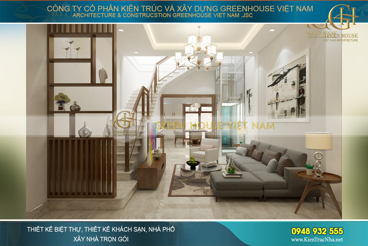 Không gian nội thất phòng khách phong cách hiện đại của nhà phố 3 tầng tại Hà Nội