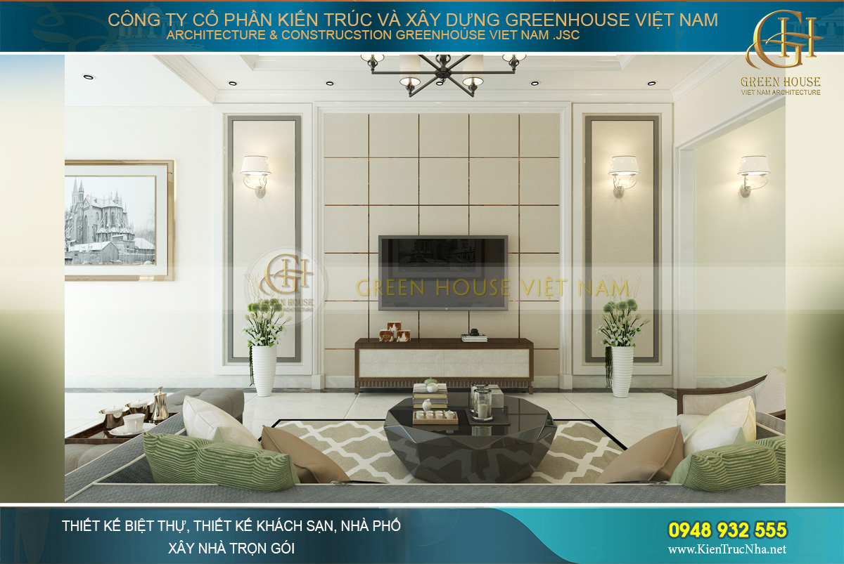 Đối diện là kệ TV gỗ cùng những sự bố trí tinh tế, trang nhã