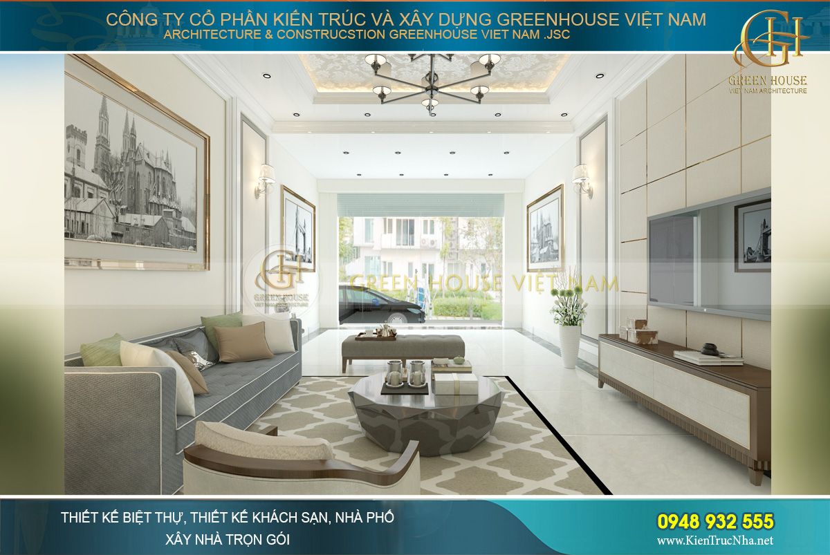 Góc nhìn từ phía trong nhà phố hiện đại với không gian rộng rãi, thoáng đãng