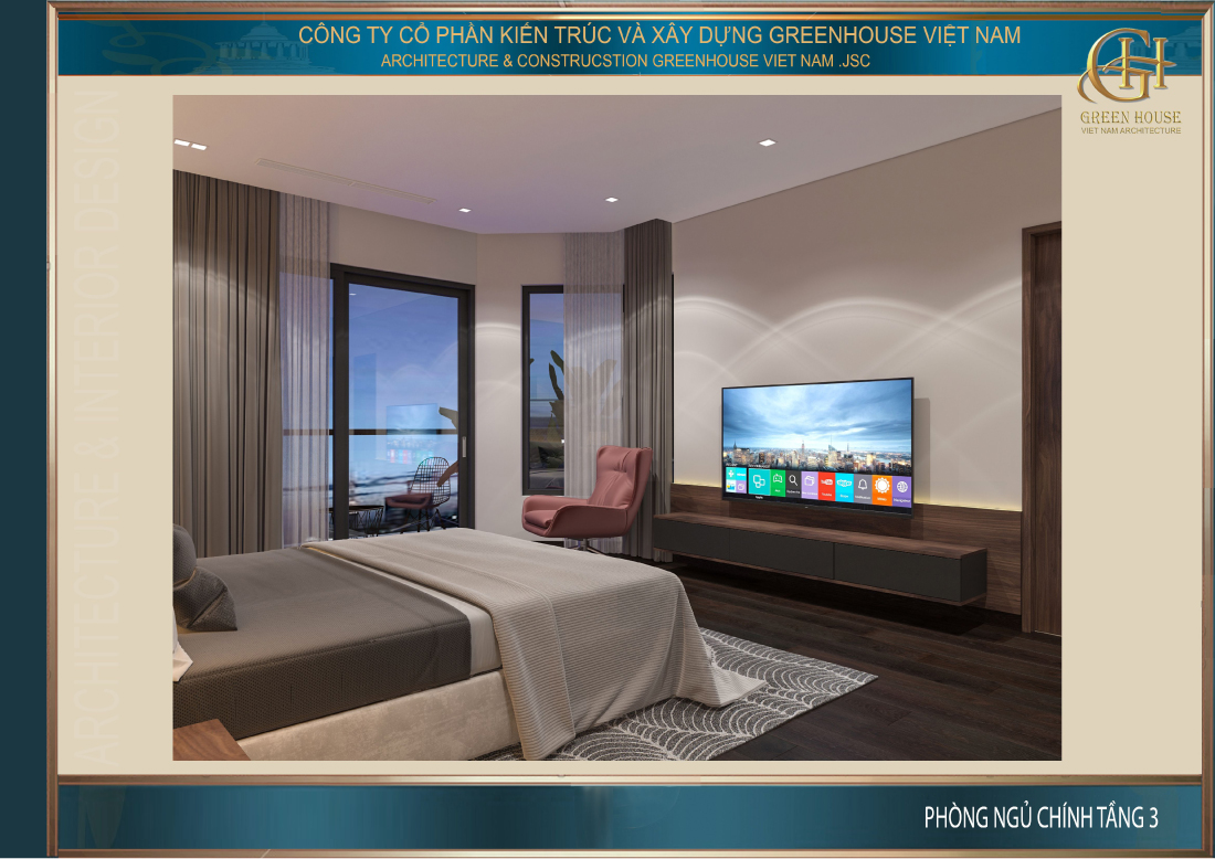 Bên ngoài phòng ngủ chính được bố trí ban công với bộ bàn trà để gia chủ thư giãn