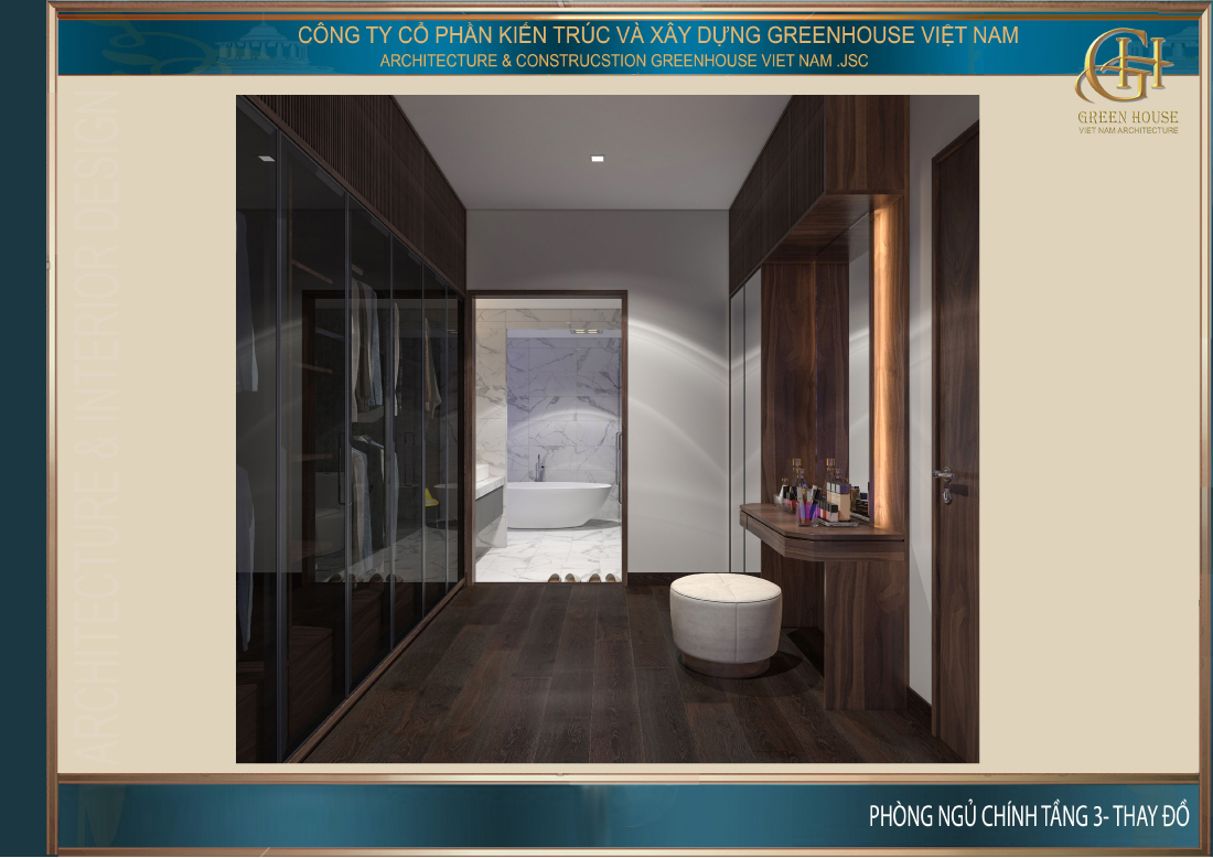 Bàn trang điểm được đặt trong phòng thay đồ để tiện cho gia chủ