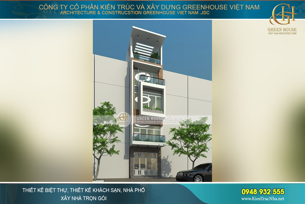 Không gian kiến trúc mặt tiền khang trang và độc đáo của ngôi nhà ống 4 tầng 1 tum