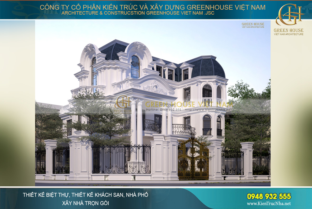 Hệ mái Mansard làm hoàn mỹ thêm vẻ đẹp đẳng cấp hoàng gia của mẫu biệt thự cổ điển này