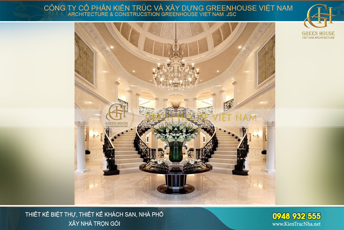 Sảnh chính của dinh thự với cầu thang uốn cong đậm chết nghệ thuật cổ điển
