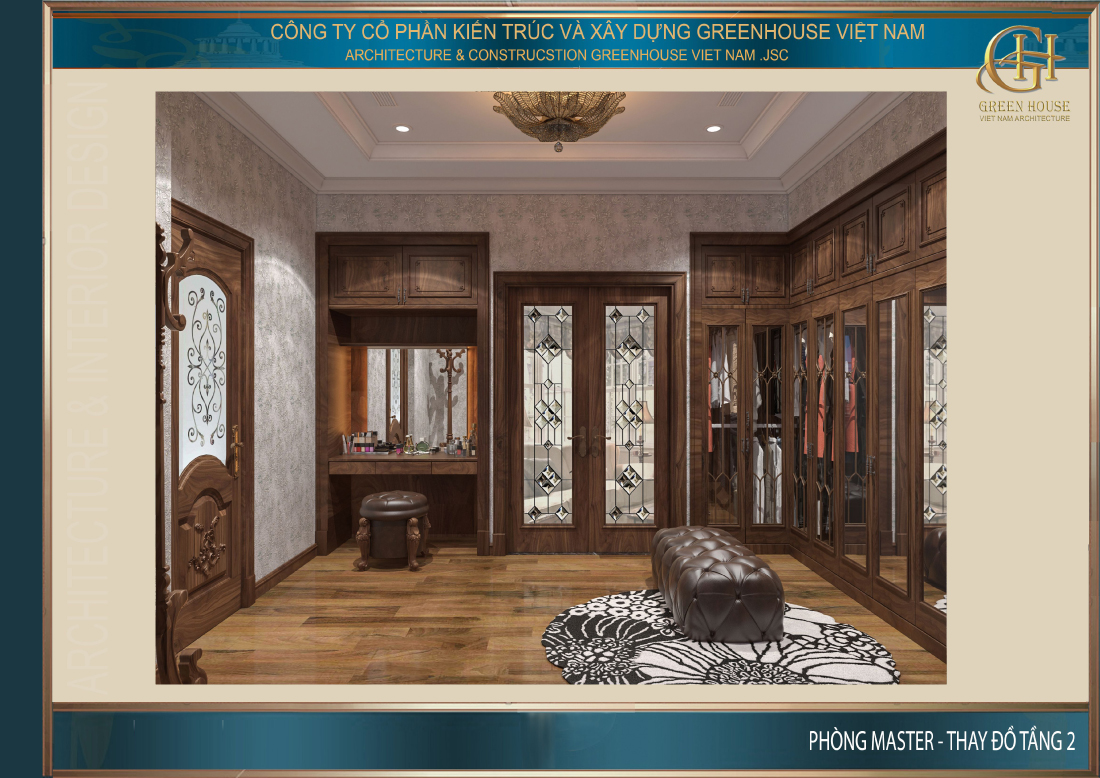 Thiết kế gỗ đồng bộ của bàn trang điểm và các tủ đồ giúp không gian phòng mang vẻ đẹp xứng tầm với phòng ngủ master đẳng cấp 