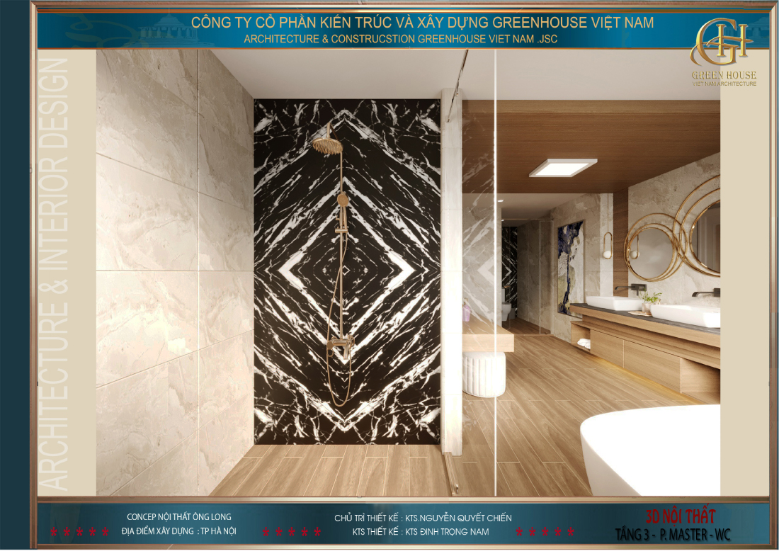 Khu vực tắm hoa sen, khu vực vệ sinh được ngăn cách bởi tường kính