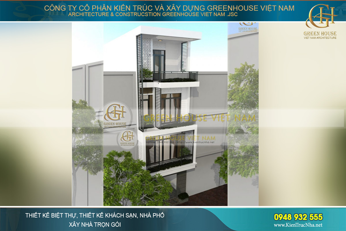 Nhà phố 4 tầng mặt tiền 5m được thiết kế với sự phối hợp khéo léo của gam màu trắng – nâu – đen hiện đại