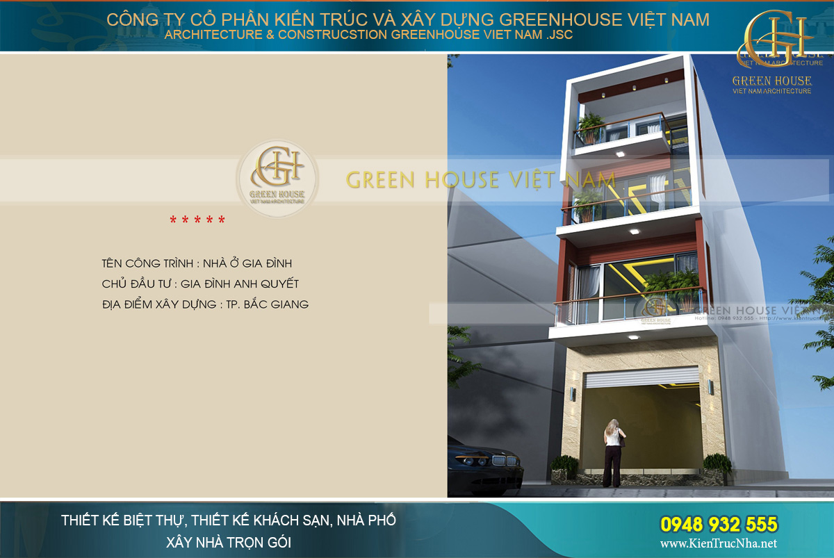 Tổng thể kiến trúc mặt tiền nhà phố hiện đại 4 tầng tại Bắc Giang