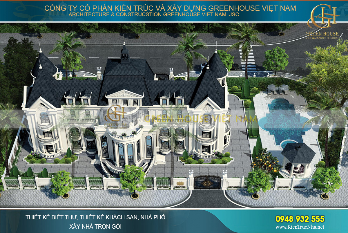 Phối cảnh mặt sau của dinh thự tân cổ điển với sự chăm chút tỉ mỉ, tinh tế cùng vẻ đẹp lộng lẫy