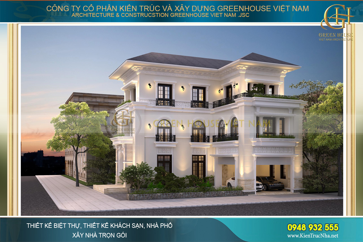 Hệ thống lan can sắt màu đen nổi bật trên nền trắng của căn biệt thự