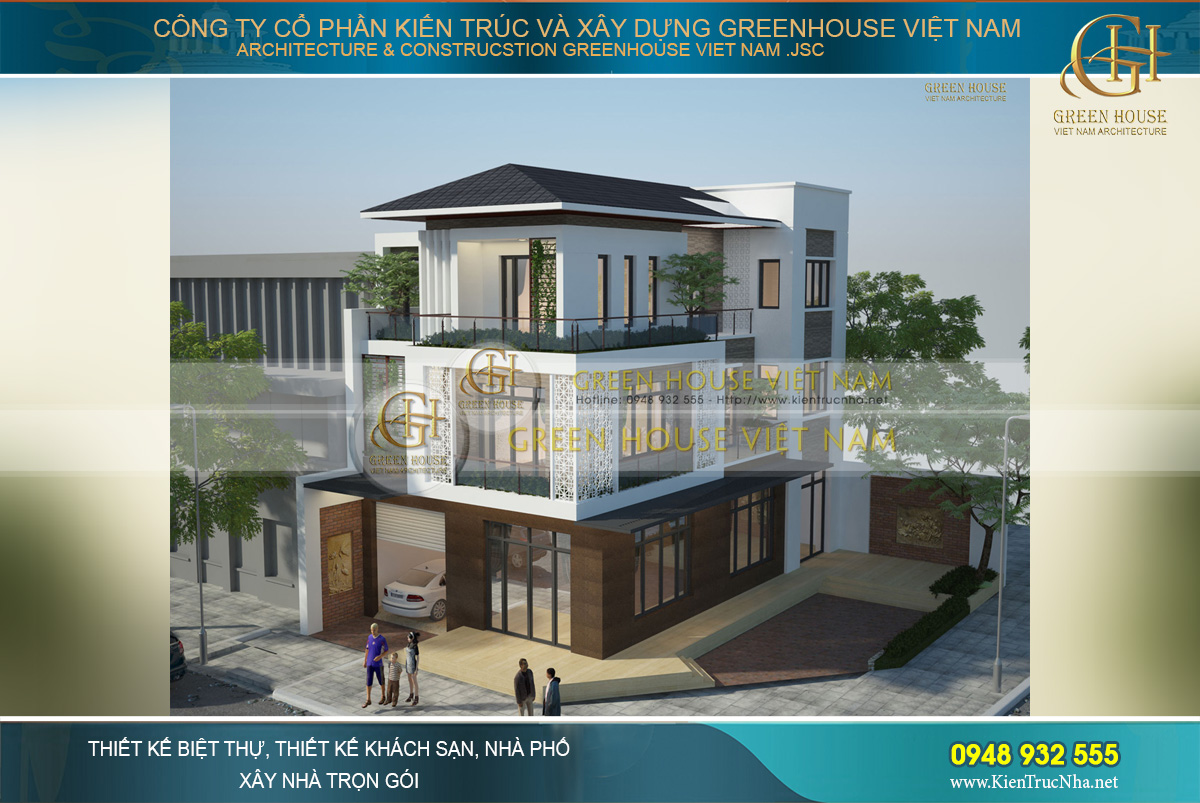 Hệ thống mái thái có độ dốc vừa phải, ngói xám đen viền trắng mang đến vẻ đẹp thanh thoát, lịch lãm cho công trình