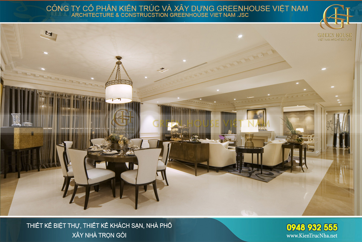 Thiết kế nội thất phòng khách đồng bộ với nội thất với phòng ăn