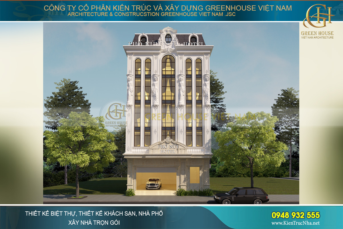 Phối cảnh mặt tiền của công trình khách sạn Phố Núi phong cách tân cổ điển quý phái
