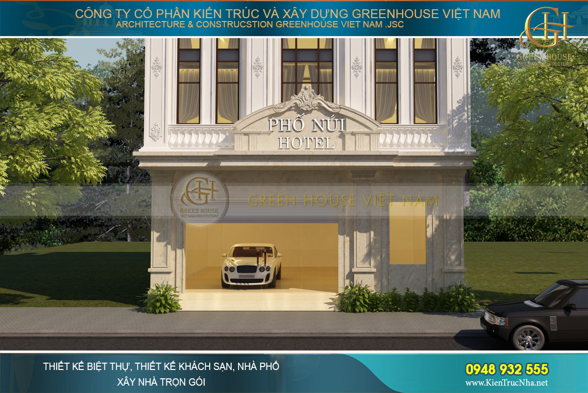 Thiết kế tầng 1 với gara rộng rãi cùng biển tên khách sạn nổi bật mà sang trọng