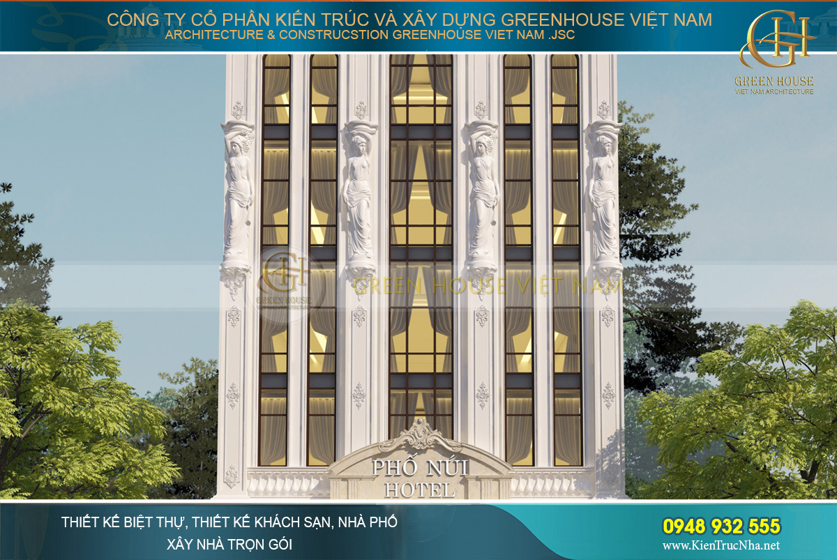 Thiết kế các tầng 2,3,4,5 với hệ thống cửa kính và các bức tượng chạm khắc tinh xảo, độc đáo