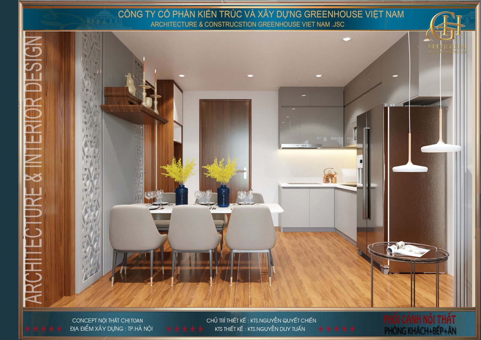 Nội thất phòng bếp và phòng ăn được thiết kế khoa học, gọn gàng