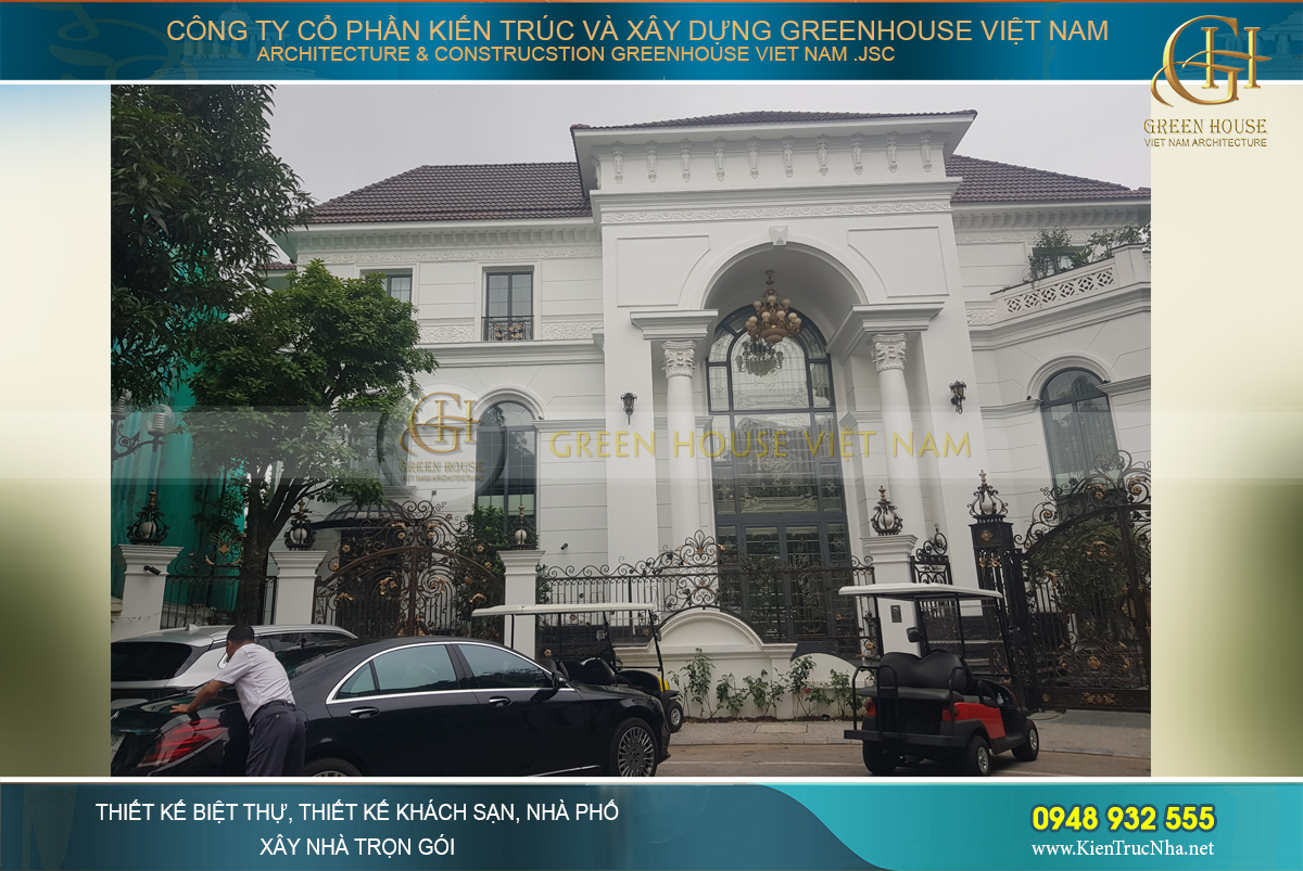 Mặt tiền biệt thự tân cổ điển 3 tầng vào buổi sáng