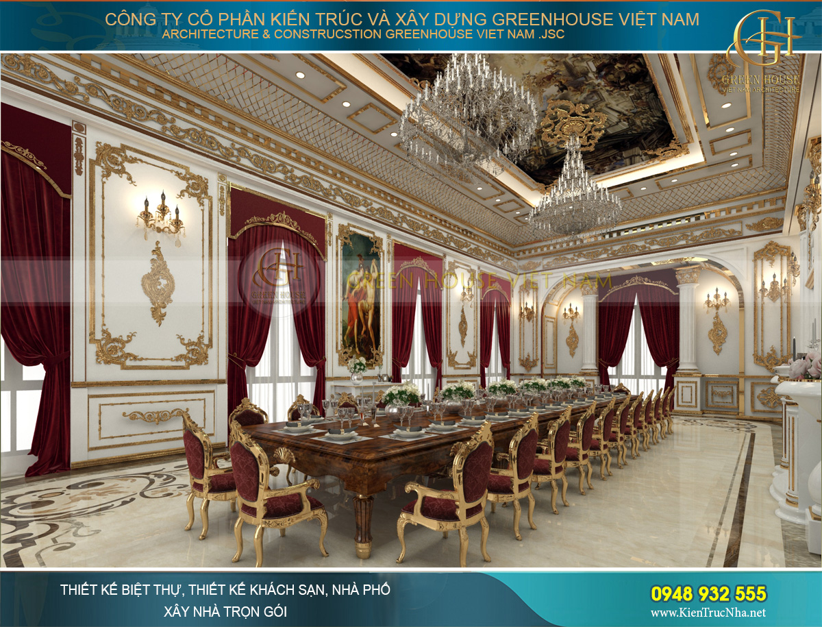 Toàn cảnh không gian phòng ăn của lâu đài cổ điển Pháp với vẻ đẹp kiều diễm, sa hoa nhất