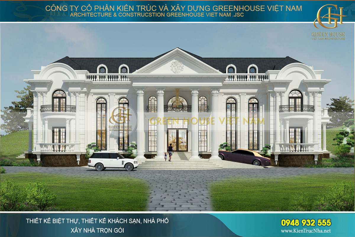 Phối cảnh 3D mặt tiền của thiết kế dinh thự tân cổ điển đẳng cấp tại Hà Nội