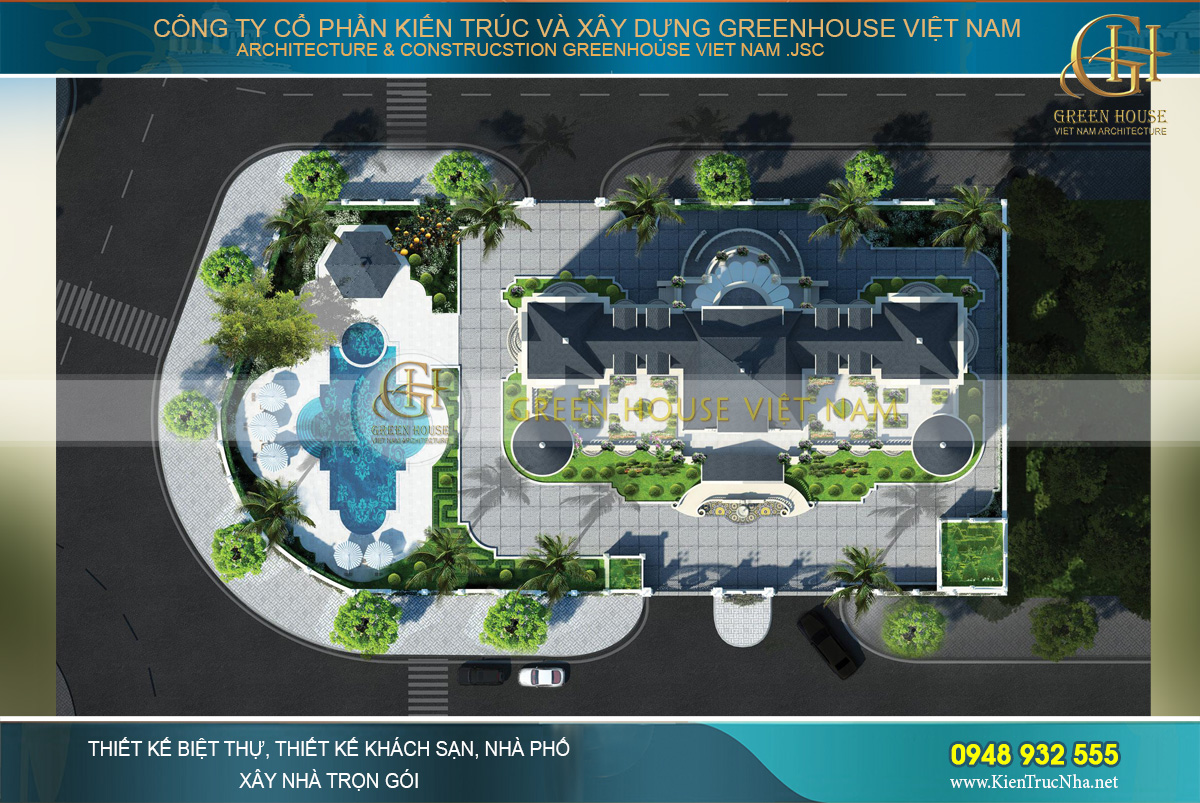 Góc nhìn từ trên cao để thấy được toàn cảnh dinh thự với hệ thống sân vườn, hồ bơi đẳng cấp, sa hoa nhất