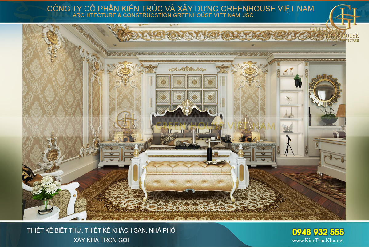 Phòng ngủ master sử dụng tông màu vàng – nâu chủ đạo với hoa văn dày đặc, thể hiện sự lịch lãm, đẳng cấp cho vị thế của gia chủ
