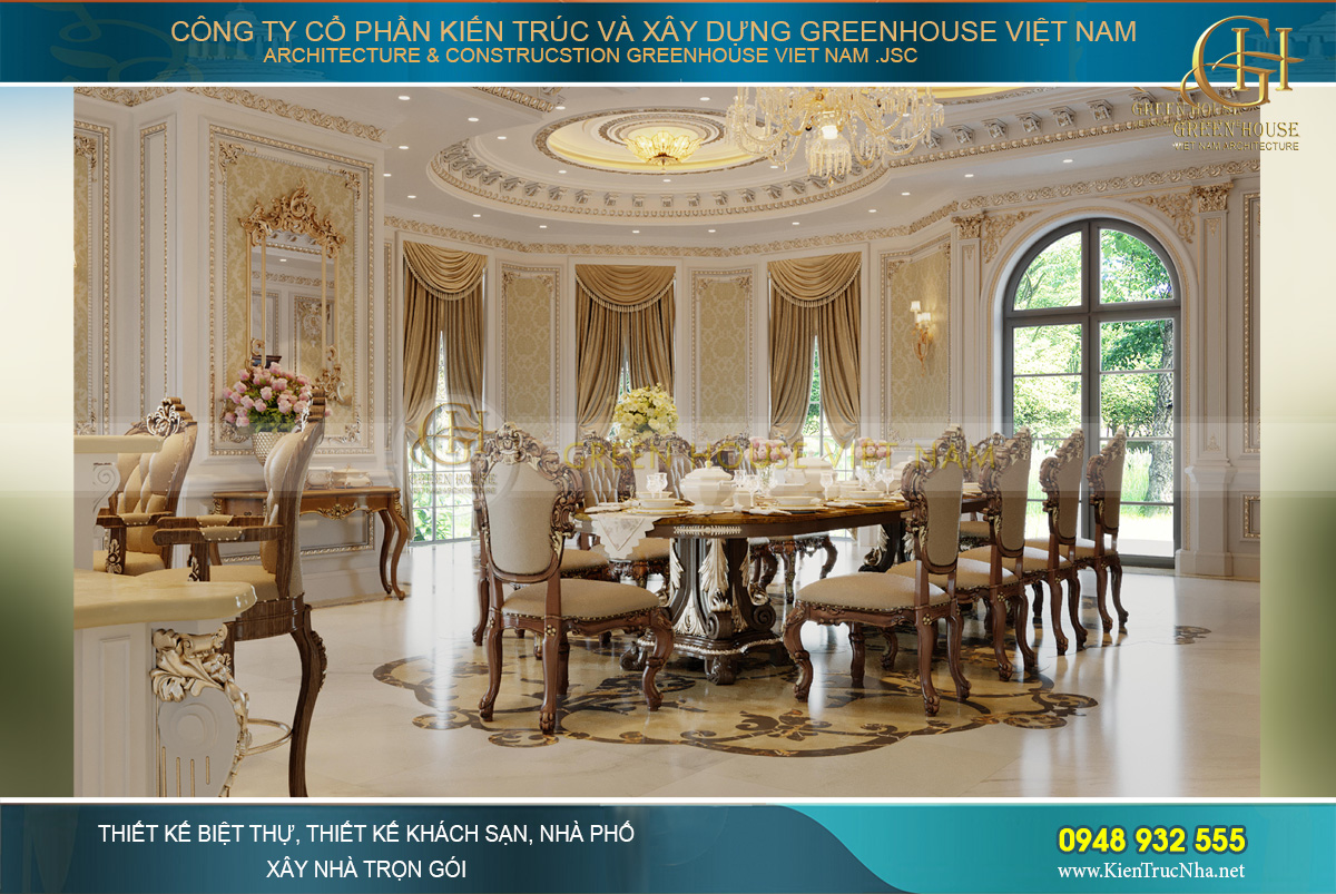 Phòng ăn nhỏ dành cho gia đình được bố trí tại khu vực kiến trúc bán nguyệt của dinh thự