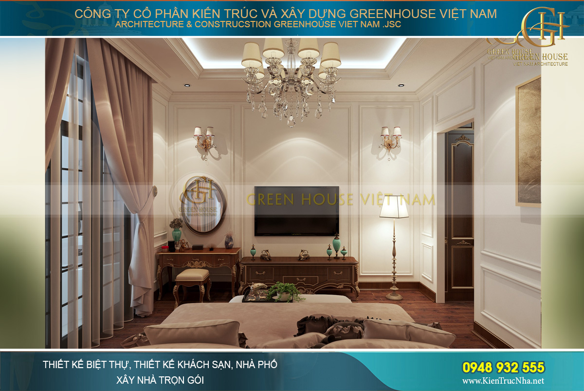 Đối diện là kệ TV và bàn trang điểm với chất liệu và kiểu dáng đồng bộ