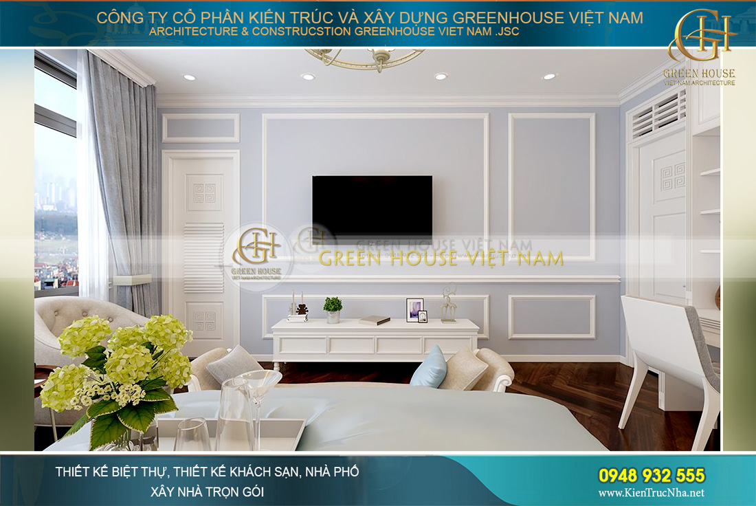 Phòng ngủ được thiết kế kệ TV, bàn học, tủ quần áo và vệ sinh khép kín