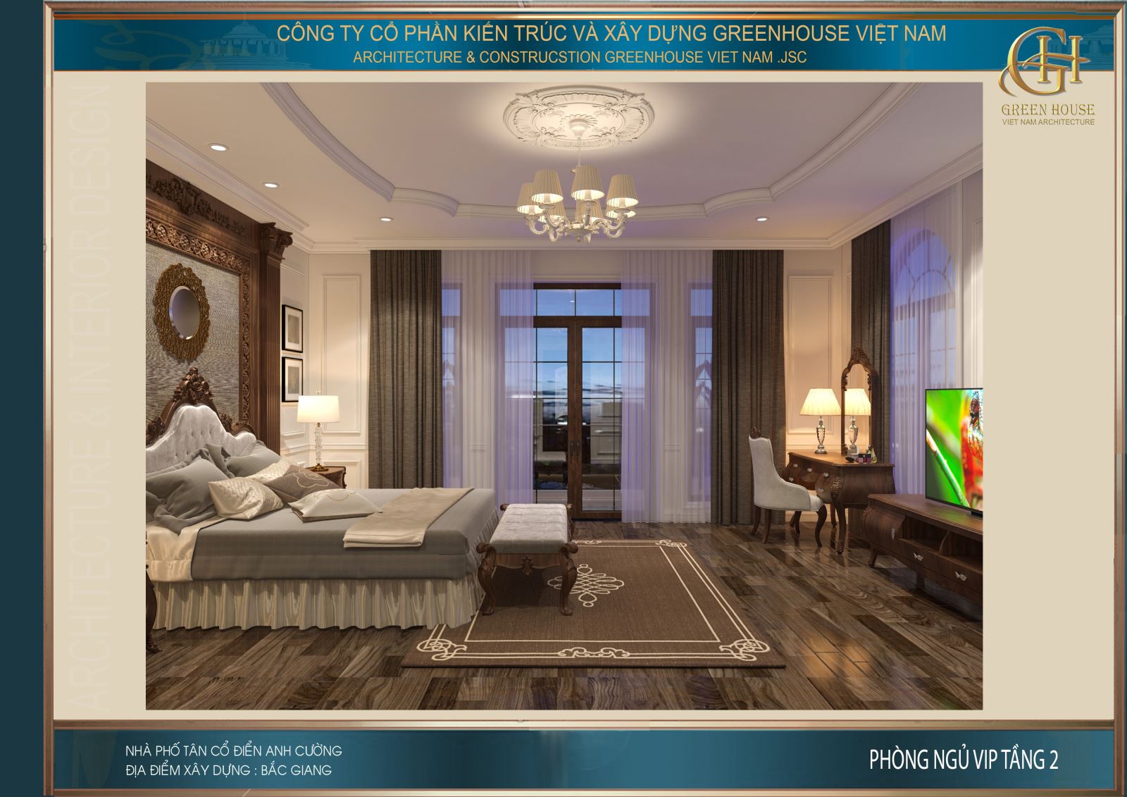 Khung cửa kính lớn mang sáng vào cho không gian phòng ngủ