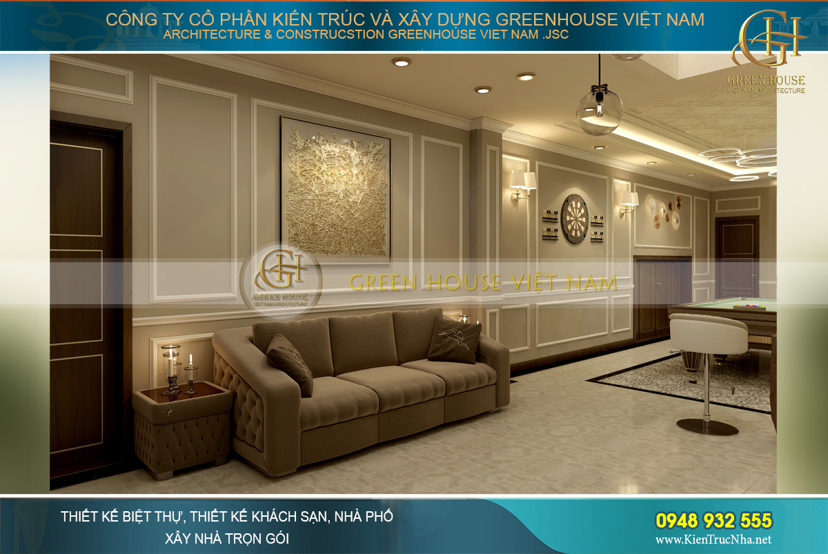 Bộ sofa đơn bọc nệm cao cấp là nơi nghỉ ngơi khi chơi game tại phòng chơi game của biệt thự